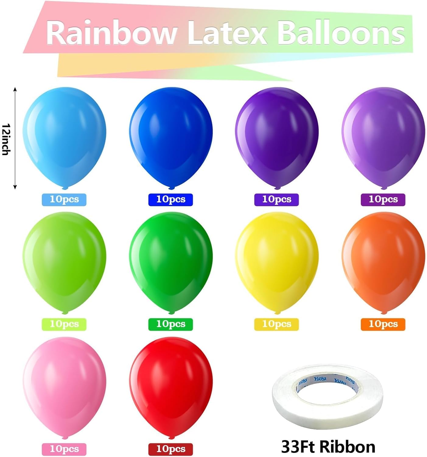 Bezente Assorted Rainbow Latex Balloons, 100 Pack 12 inch Round Helium