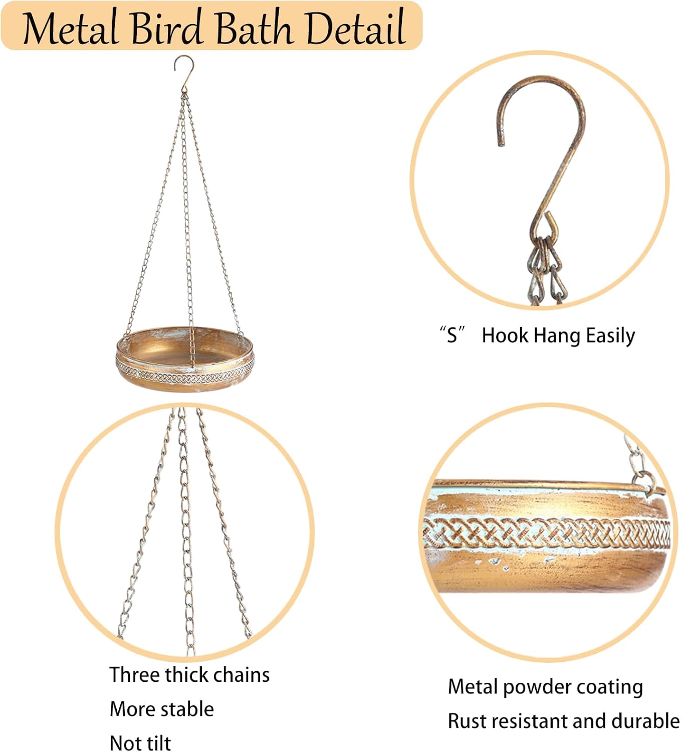 Metal Hanging Bird Bath for Outdoors, Antique Patina Hanging BirdBath 
