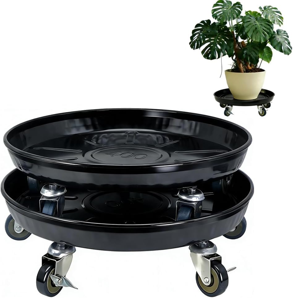 Rolling Planter Caddy(430lbs Capacity), Heavy Duty Metal Plant Stand with Brake Wheels Plant Dolly Mover Plant Pot Tray Saucer for Indoor Outdoor 16 Inches Black 2-Pack