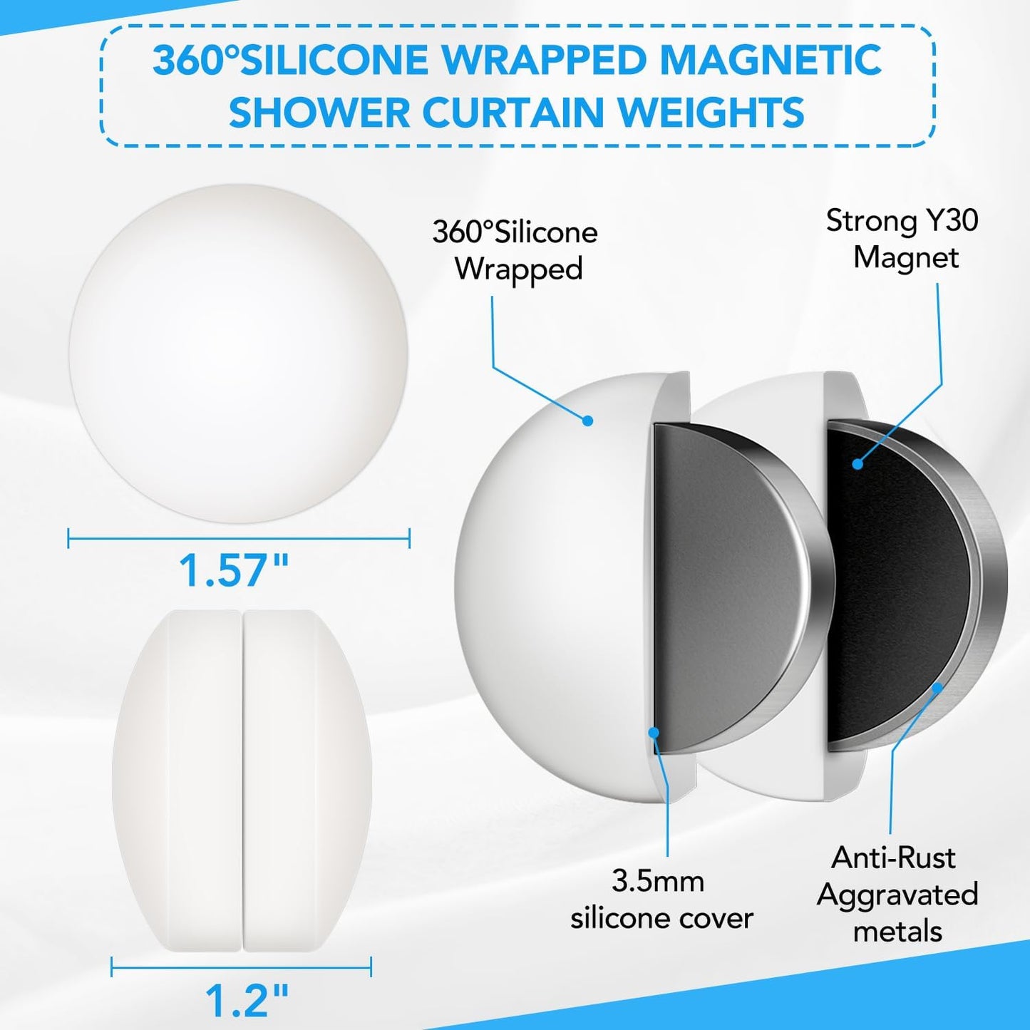 8 Pcs Shower Curtain Weights, Silicone Wrapped Heavy Duty Shower Curtain Magnets, Curtain Weights Heavy Outdoor, Prevent Curtain Liner from Blowing Around, Work for Drapery, Flag, Tablecloth(4 Pairs)