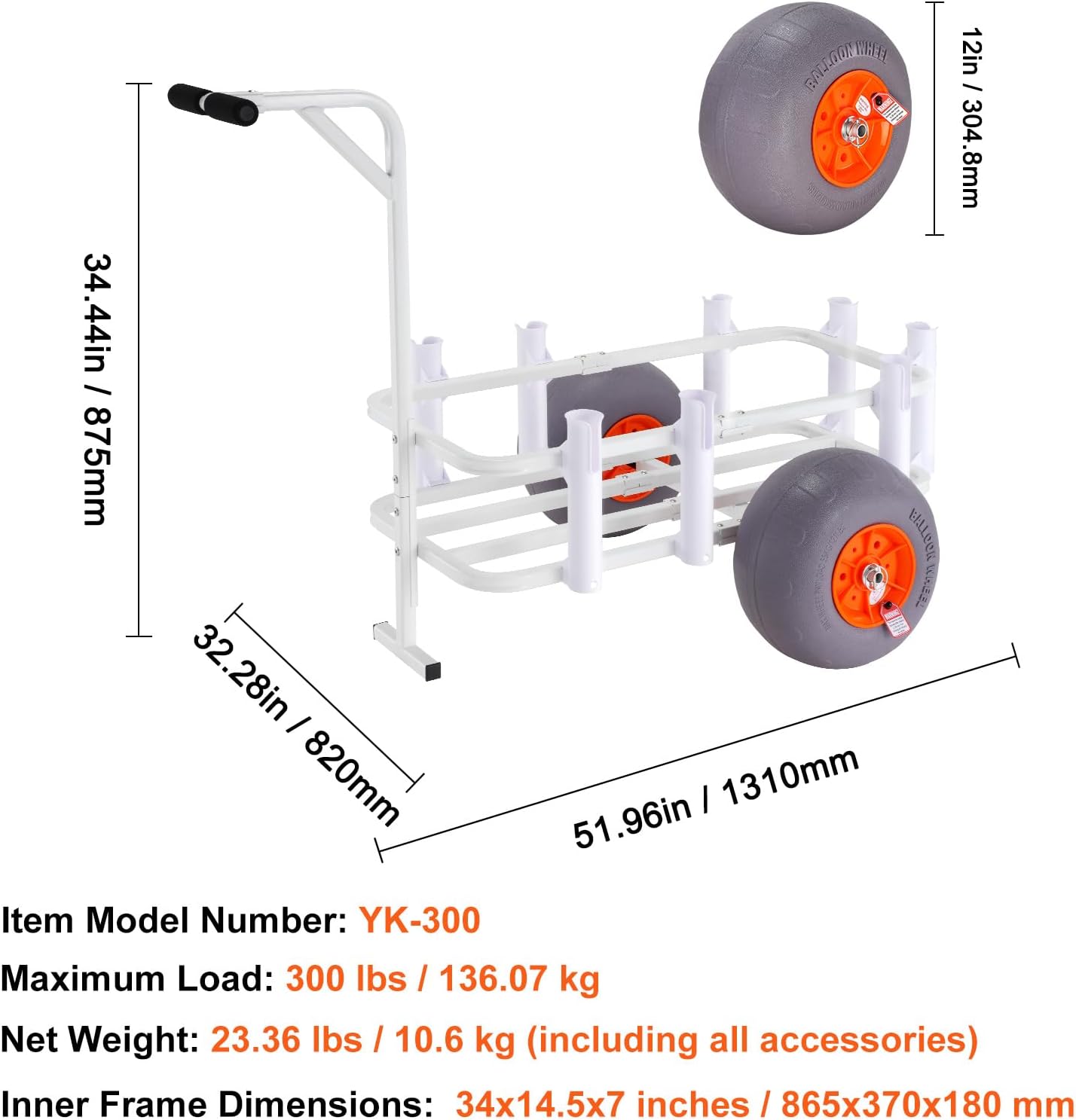 VEVOR Beach Fishing Cart, 300 lbs Load Capacity, Fish and Marine Cart with Two 13" Big Wheels PU Balloon Tires for Sand, Heavy-Duty Aluminum Pier Wagon Trolley with 8 Rod Holders for Fishing, Picnic