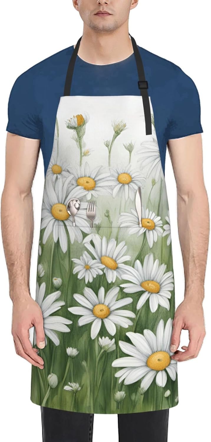 YANYU White Daisy Print 28x33 In Kitchen Apron Stylish Chef Apron with Pockets for Cooking Baking Painting