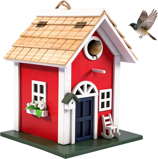 MEWANG Colorful Wooden Bird House Condo for Garden - 9.7" H Decorative Birdhouse with Feeding Function, Rustic Cottage Style, Bird Feeder Gift for Hummingbirds, Bluebird and Wild Birds