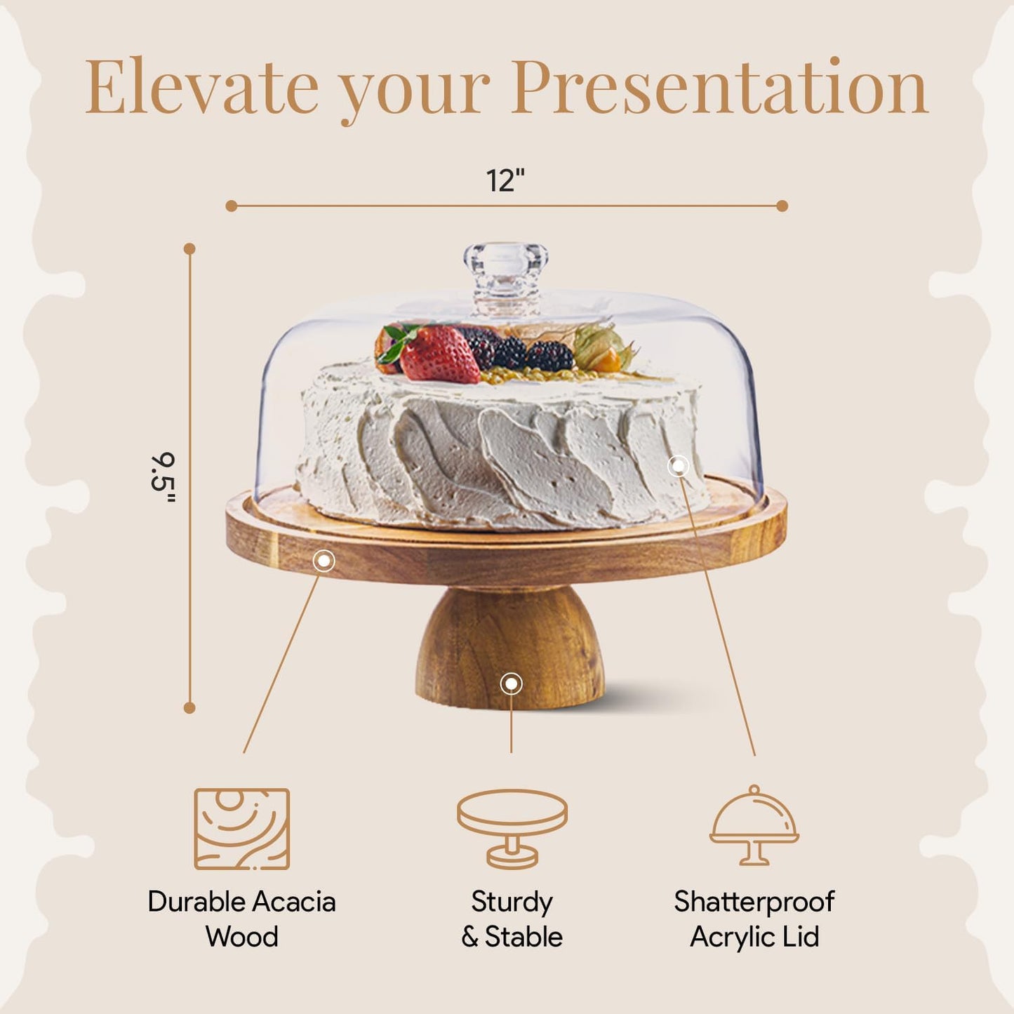 Acacia Wood Cake Stand with Lid - Cake Stand with Dome,12in Round Cake Holder, 2-in-1 Dessert Table Display Set & Charcuterie Board for Cheese, Chips & Dips, Fruit Platter, Large Acrylic Cake Dome Cover