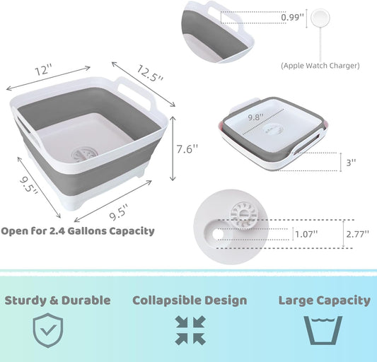 Collapsible Wash Basin with Drain Plug - 2.4 Gallon Foldable Kitchen Sink for Baby Bottles, RV Camping, Space-Saving Dish Tub (Gray)