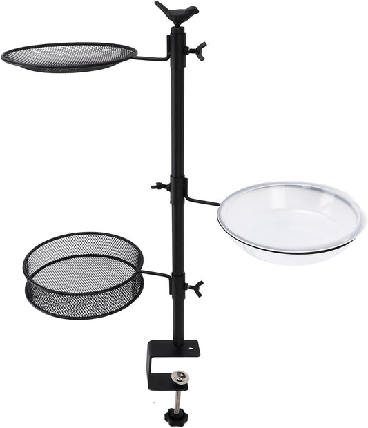 ZJchao Deck Bird Feeder Railing Mount Three Trays Bath Fence Outdoor B