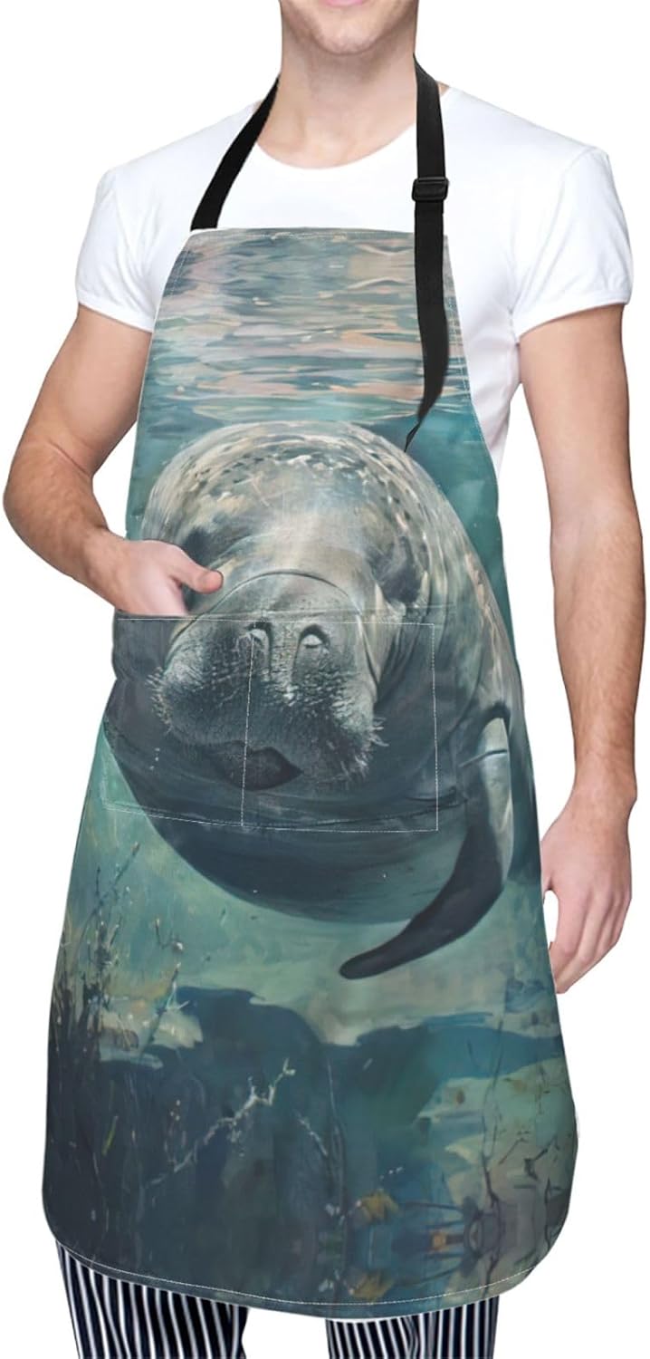 Crazy Save Manatee print Waterproof chef's apron with pocket apron for kitchen cooking baking barbecue and gardening