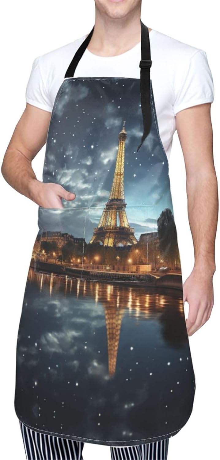 Eiffel tower print Waterproof apron with pocket adjustable cooking apr