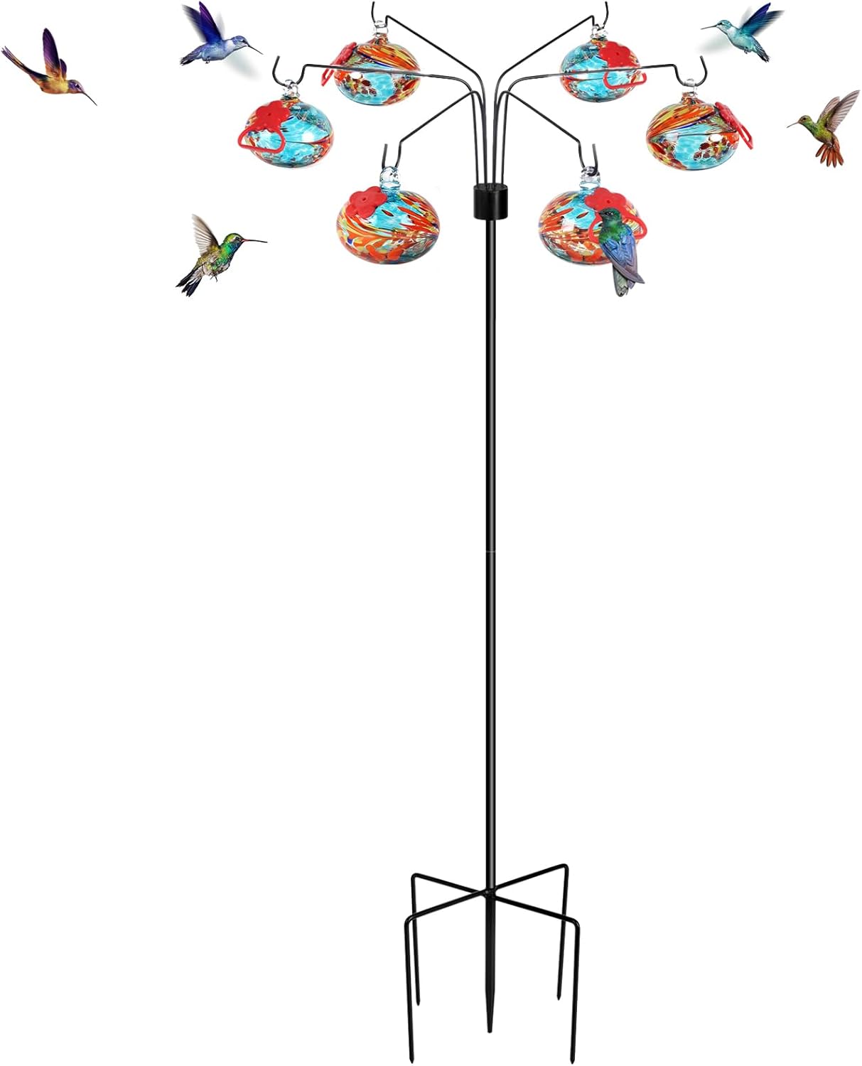 Decorative Hummingbird Feeders for Outdoors Hand-Blown Glass Hummingbird Feeders Stand 6 Feeding Stations Never Leak Garden Decor Backyard,Gifts for Women Mom (Phoenix Tail Blue)
