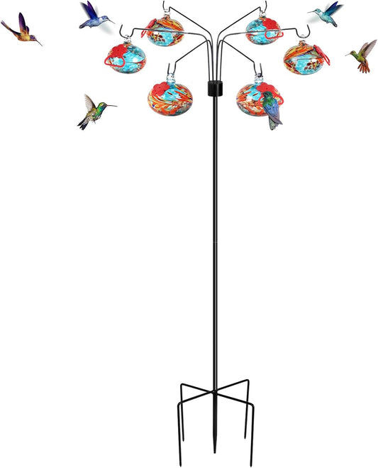 Decorative Hummingbird Feeders for Outdoors Hand-Blown Glass Hummingbird Feeders Stand 6 Feeding Stations Never Leak Garden Decor Backyard,Gifts for Women Mom (Phoenix Tail Blue)