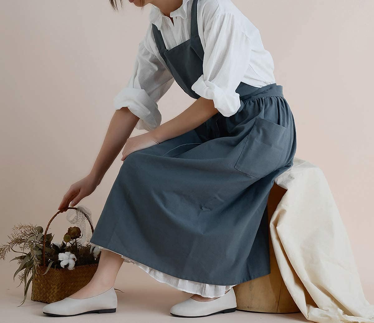 Cotton Pleated Apron Retro Waterdrop Proof Garden Cleaning Pinafore Dr