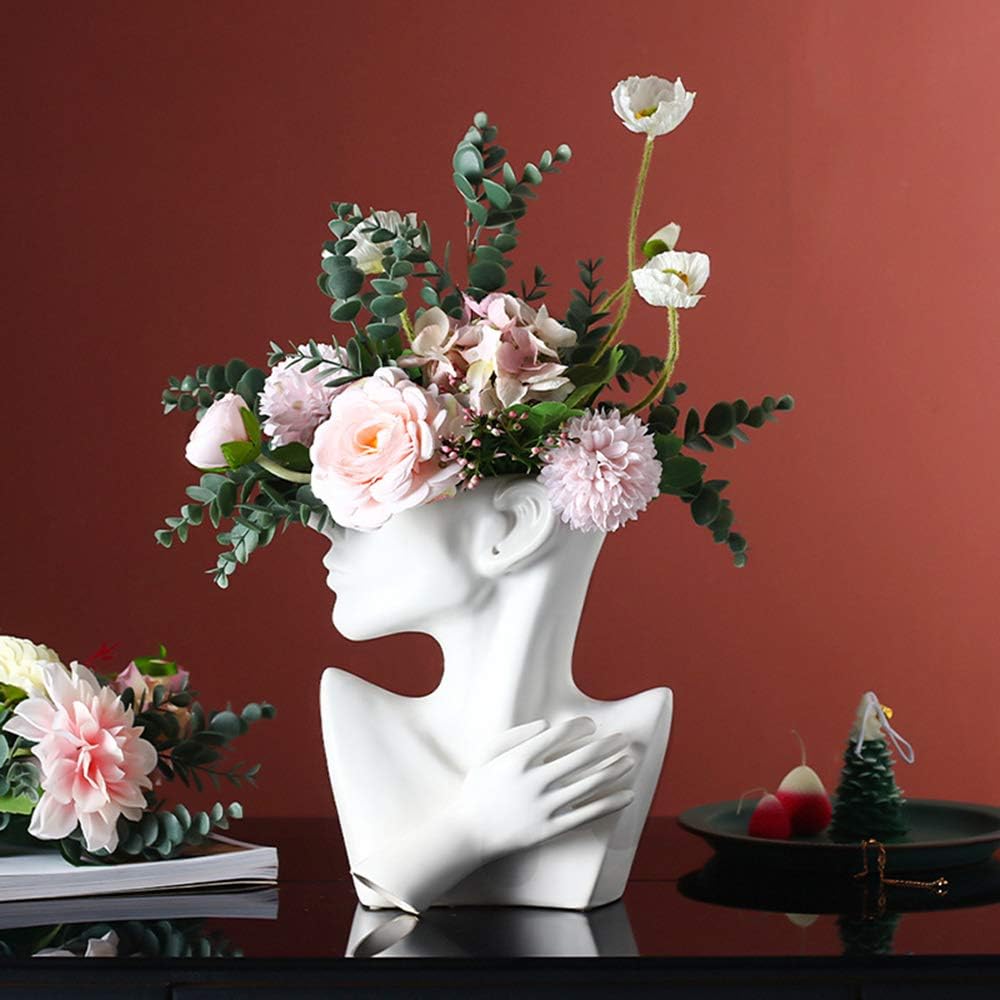 Ceramics Statue Flower Vase Face Pots Bust Head Shaped for Birthday Gifts Home Office Decoration (White)