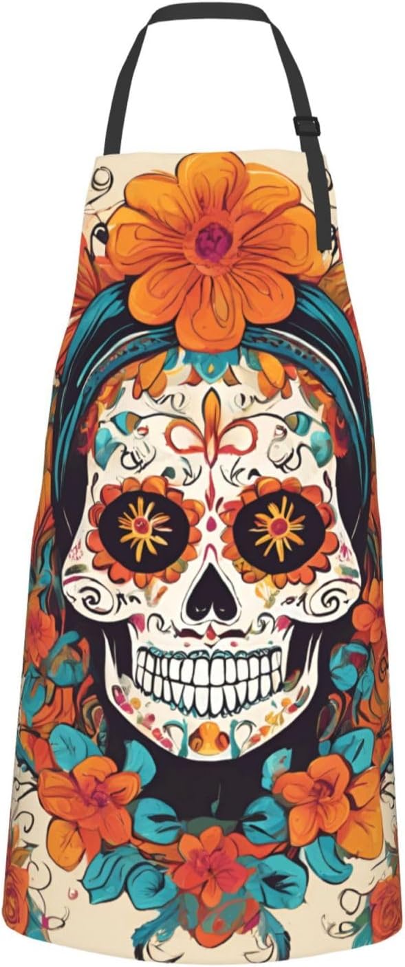 YANYU Floral Skull Print 28x33 In Kitchen Apron Stylish Chef Apron wit