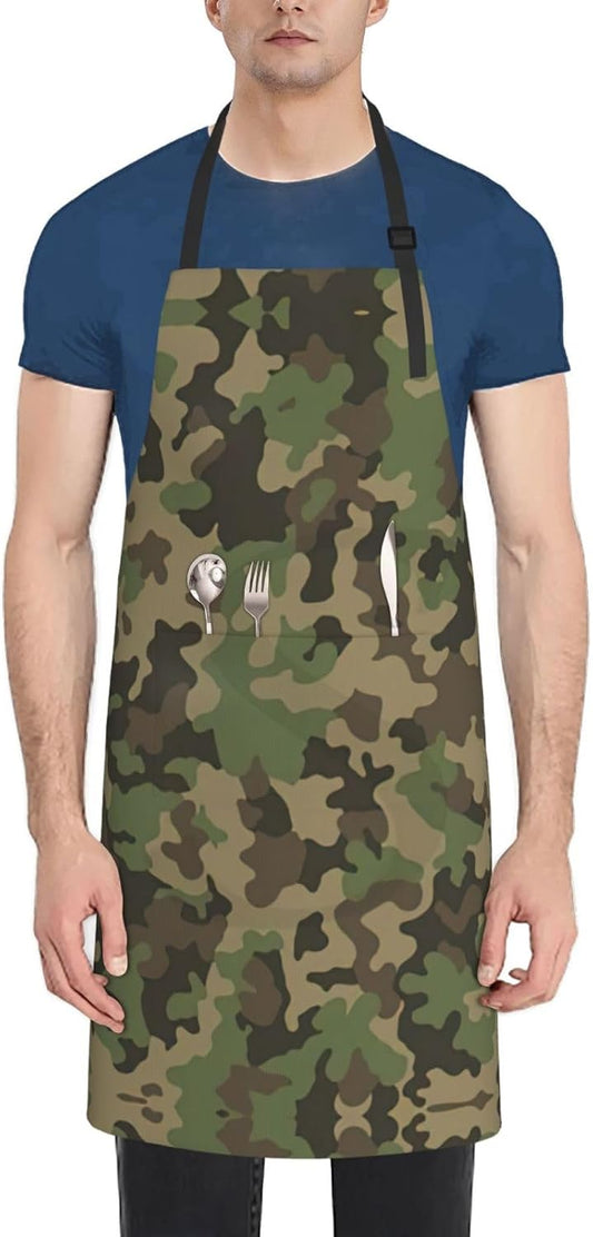 Green camo print Waterproof apron with pocket adjustable cooking apron for adult kitchen bibs to bake