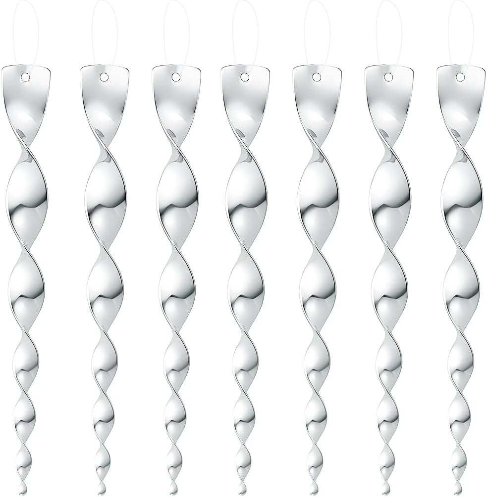 12 Pack 12 Inches Silver Wind Twisting Rods with Reflective Spiral Design, Hanging Wind Spinner Keep Birds Away for Outdoor Yard, Garden, Farm and Christmas Tree Decorations