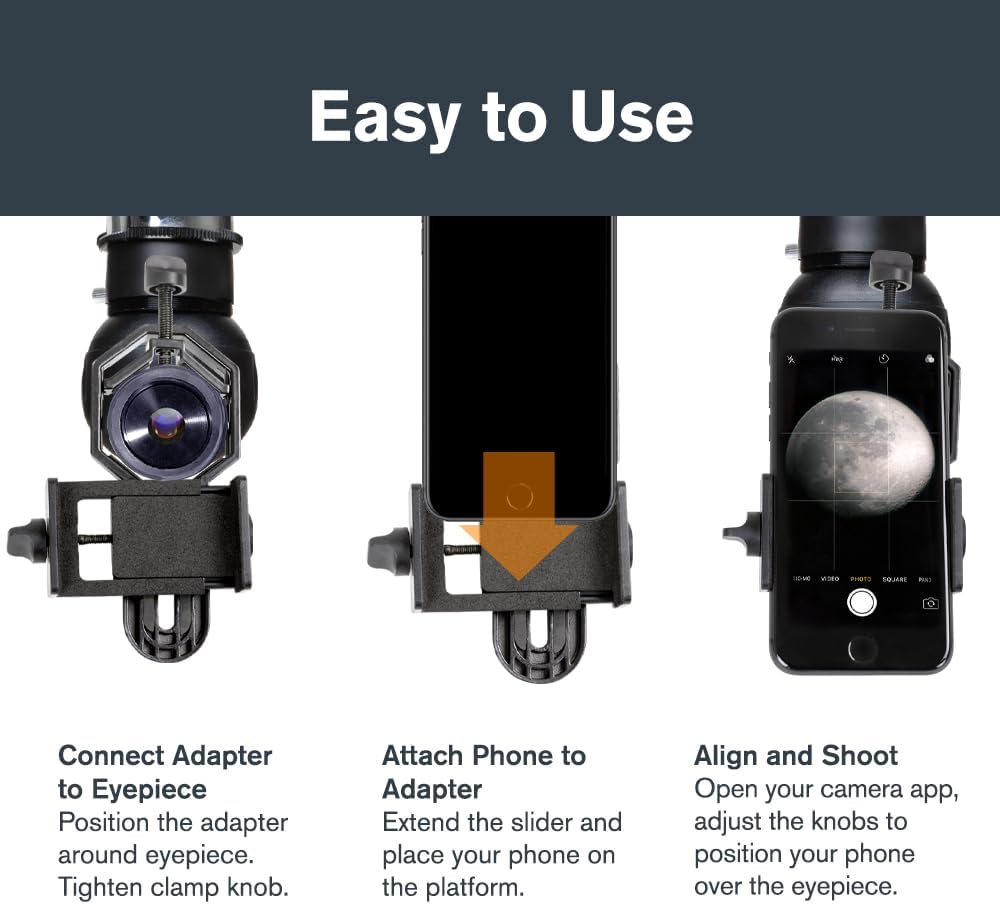 Celestron – Smartphone Adapter and Bluetooth Remote for Telescope, Binoculars & Spotting Scopes – Capture Images & Video Through Your Optics – Simple, Durable, Metal Body - Compact and Travel-friendly