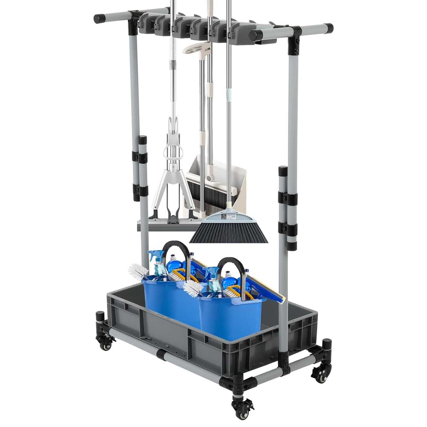 Broom and Mop Holder Freestanding Mobile Cleaning Tool Storage Rack,Fl