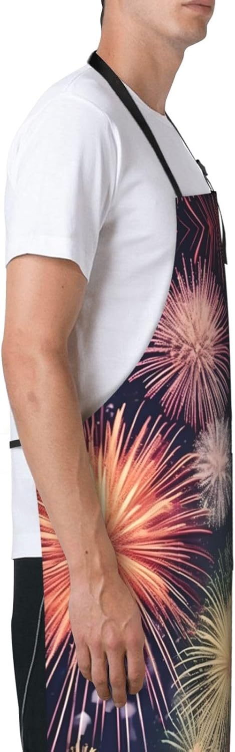 Beautiful Firework Print Laundry apron 28x33 In Waterproof Kitchen Apron with Pockets for Cooking Baking
