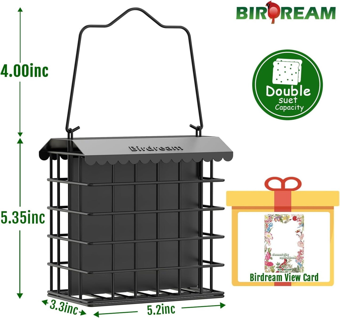 Birdream Double Suet Feeders for Outside Hanging Bird Feeder with Weatherproof Roof Holds 2 Suet Cakes Bird Cage for Outdoors Attract Woodpeckers Goldfinches Chickadees 1-Pack Black
