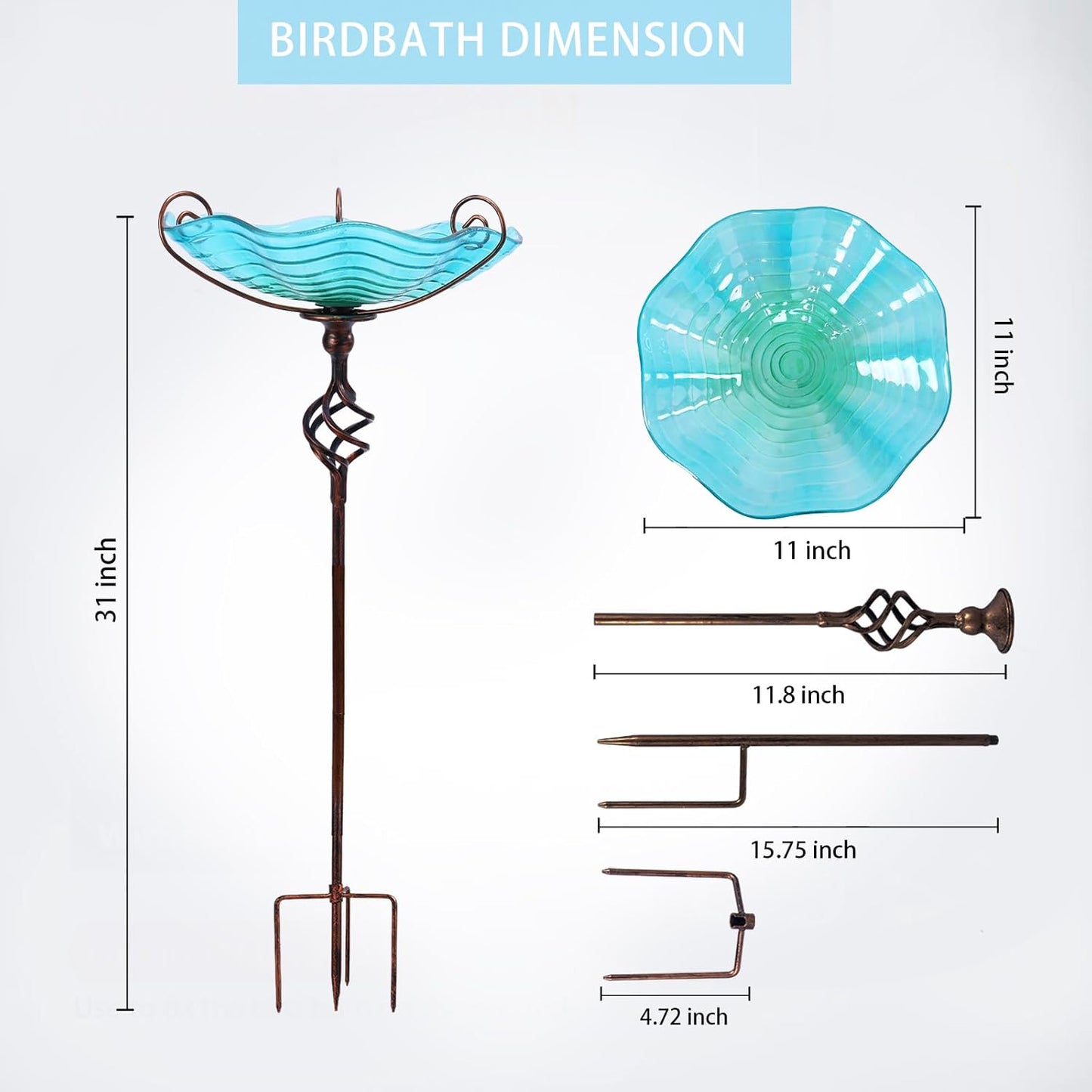 MUMTOP 31 Inch Height Glass Birdbaths, Outdoor Bird Bath Birdfeeder wi