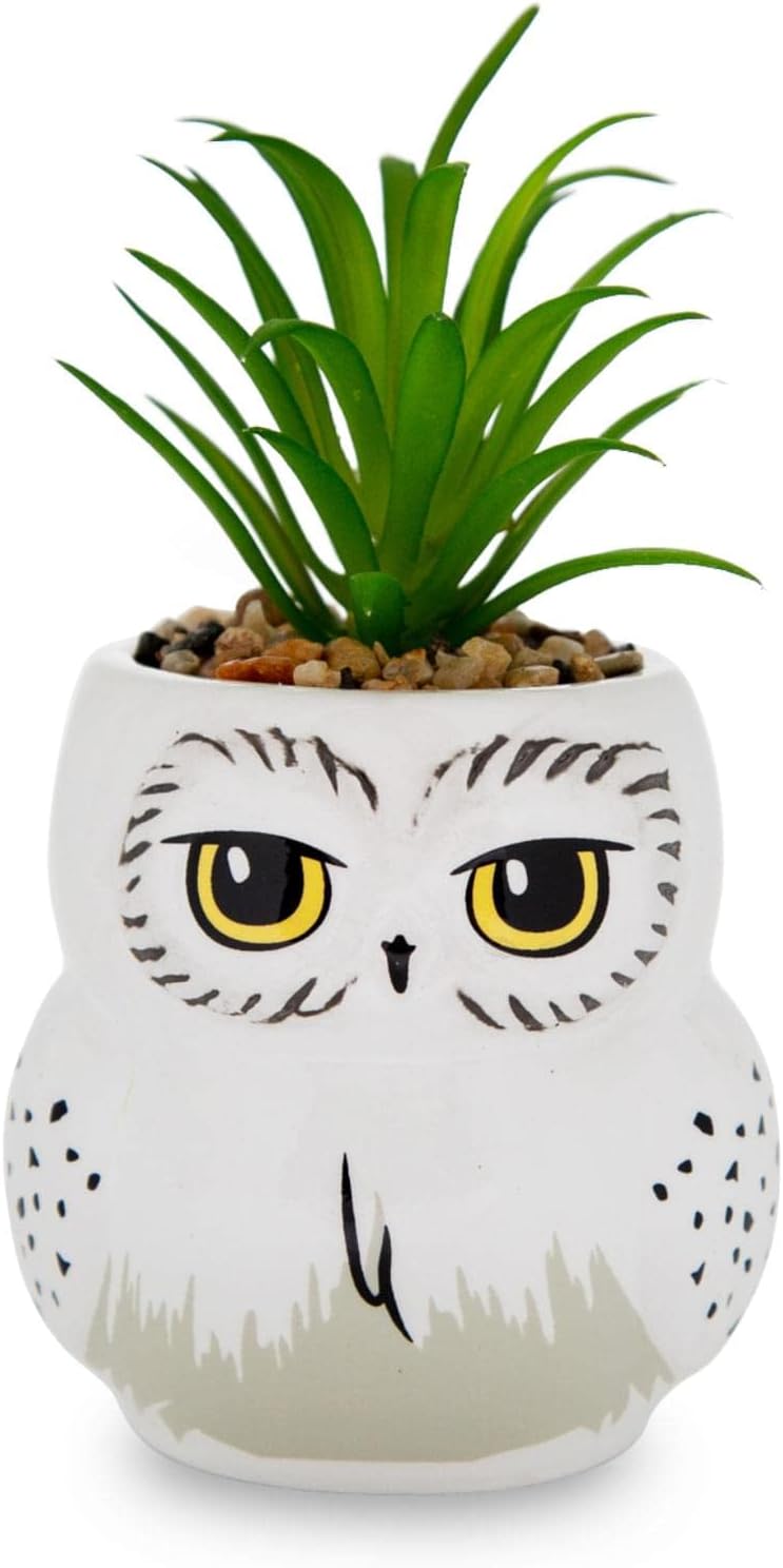 Harry Potter Hedwig 3-Inch Ceramic Mini Planter with Artificial Succulent | Small Flower Pot, Faux Indoor Plants for Desk Shelf, Home Decor Trinket Tray | Wizarding World Gifts and Collectibles