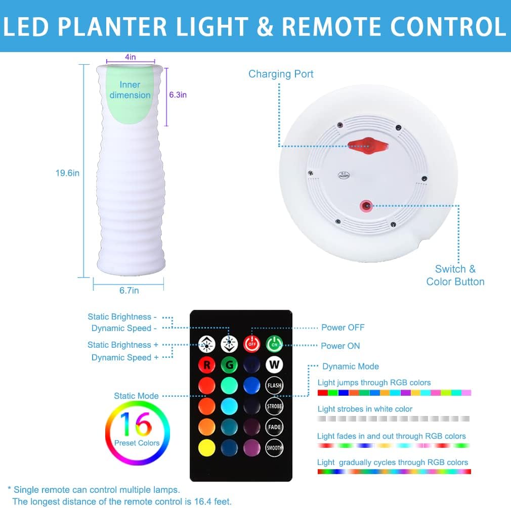 20-inch Cordless LED Lighted Vase w/Remote, Rechargeable LED Vase Nigh