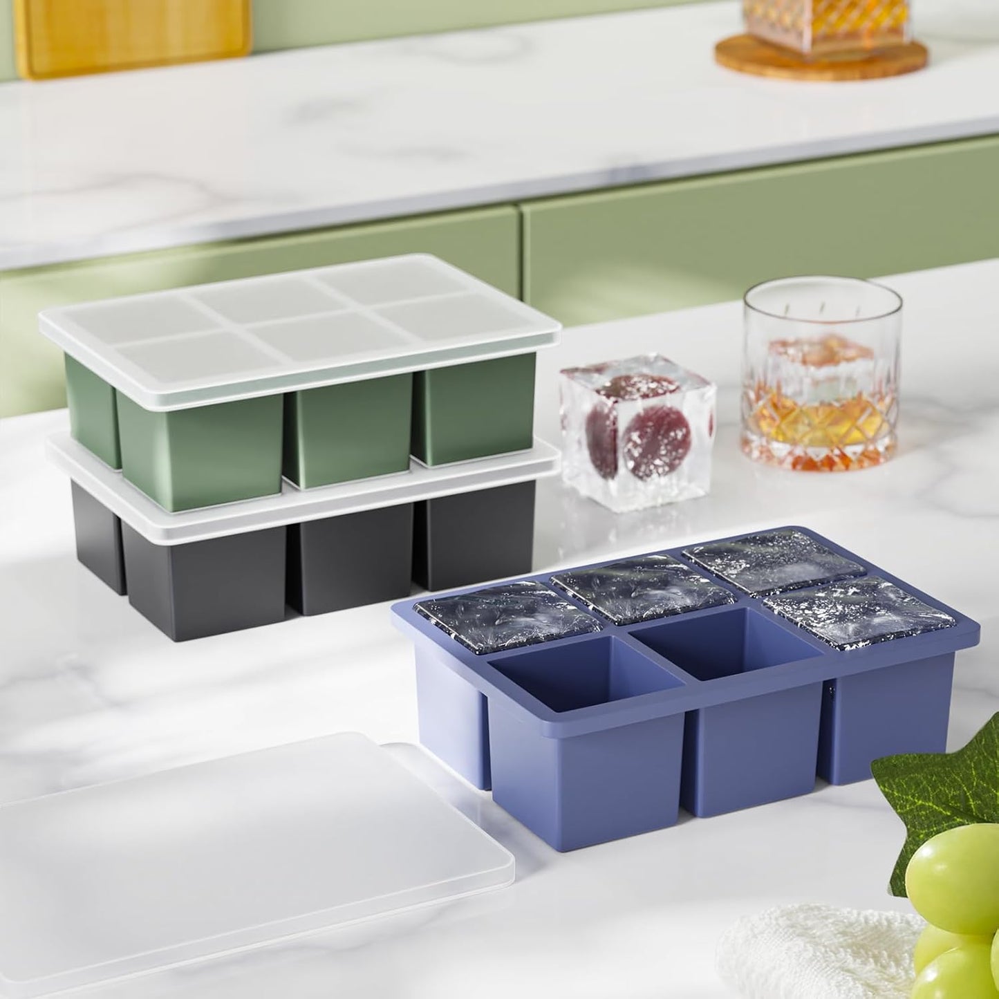 Large Ice Cube Tray for Whiskey: 2" Big Silicone Ice Tray with Lid for