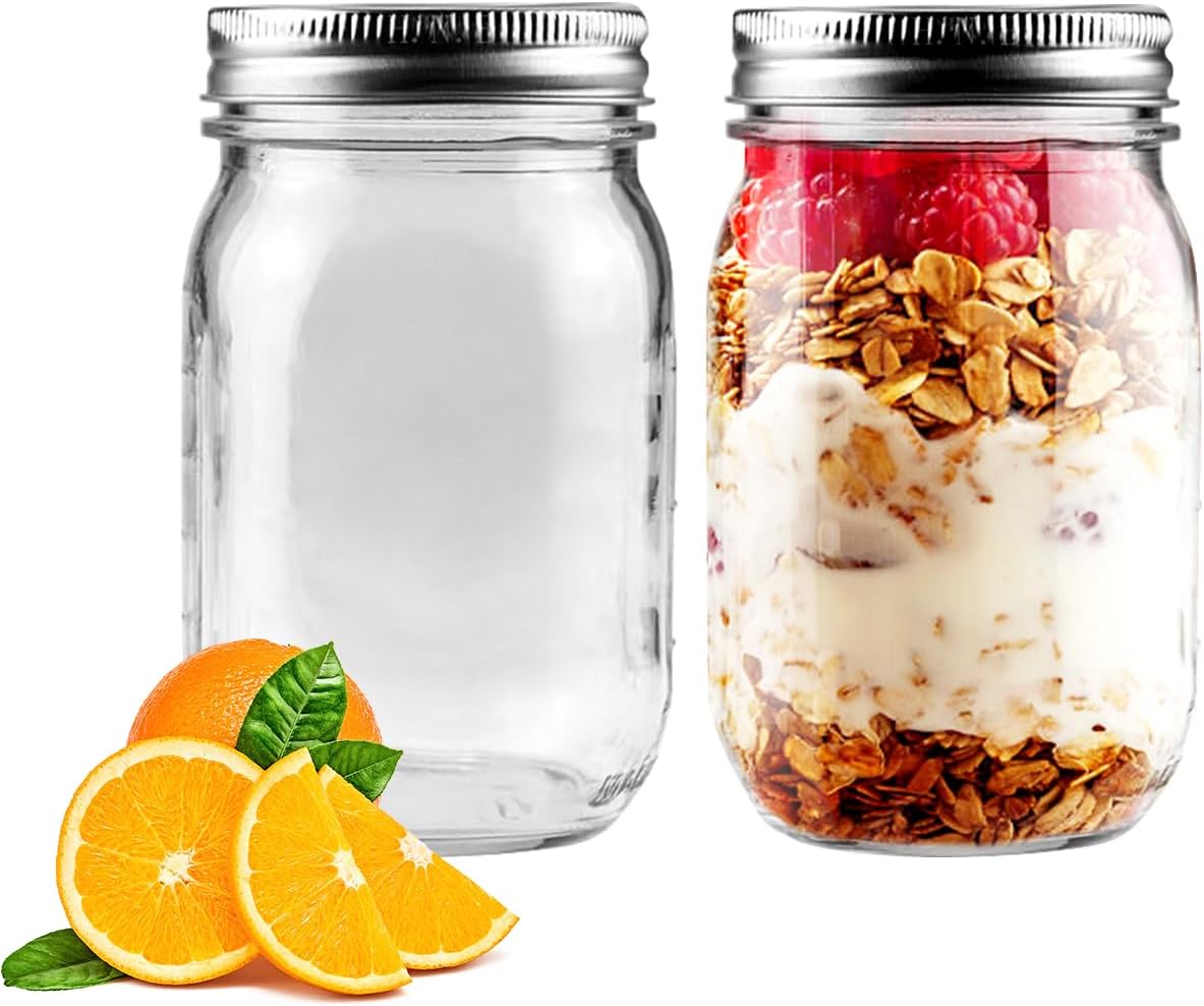 2 Pack Regular Mouth Mason Jars 16oz Glass Canning Jars with Airtight 