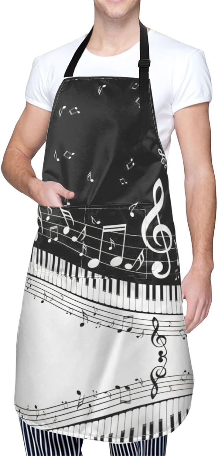 Piano Keys with Musical Notes Print Laundry apron 28x33 In Waterproof Kitchen Apron with Pockets for Cooking Baking