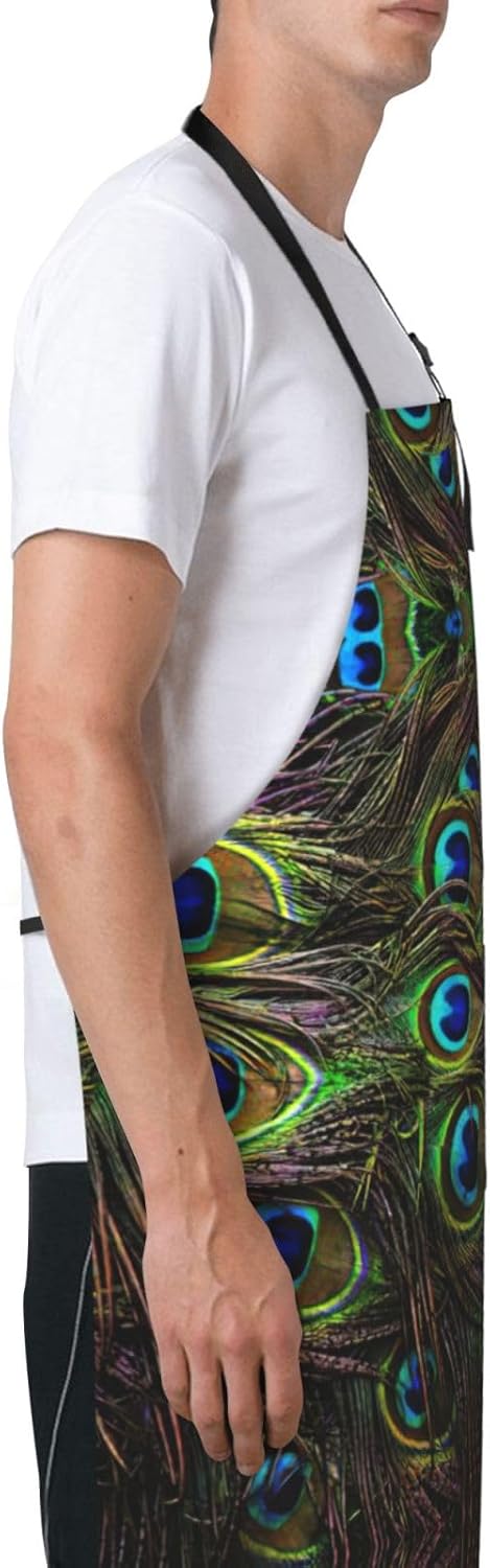 Peacock Feather Print 28x33 In Adult Kitchen Apron with Pockets Versatile Chef Smock for Cooking Baking