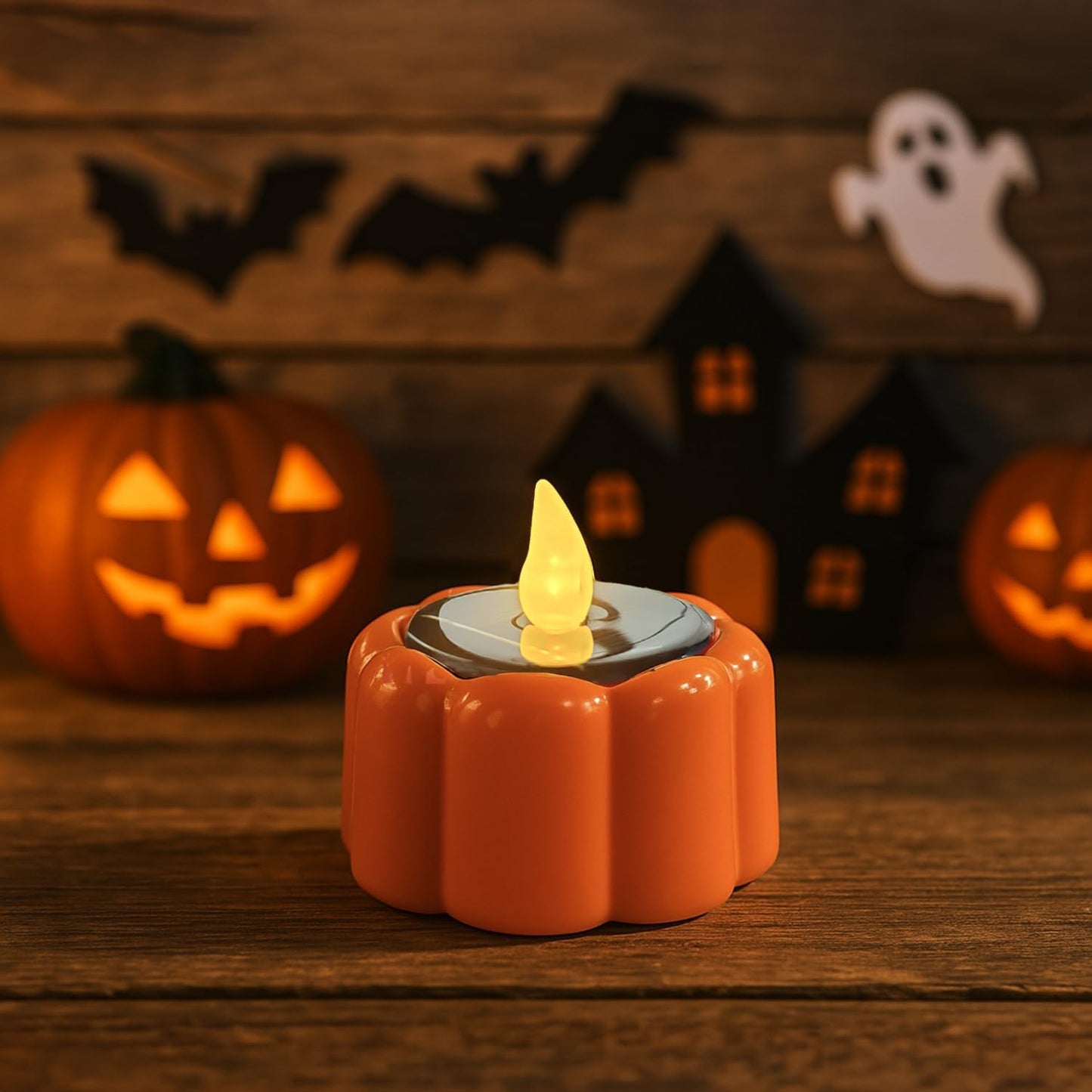 6PCS Orange Solar Pumpkin Tea Lights Outdoor Candle,Autumn Flameless Candles Battery Operated IP44 Waterproof Reusable for Halloween Christmas Party,Fall Garden Camping Home Decor