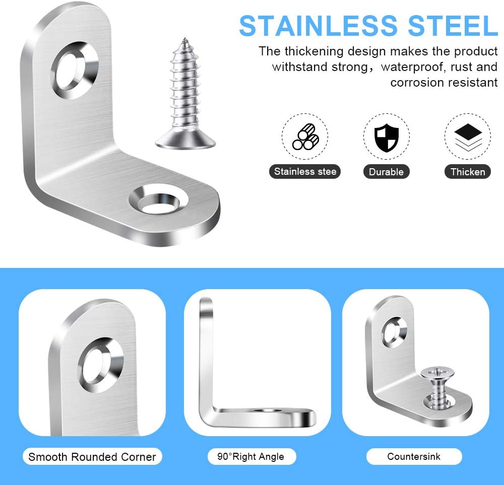 40PCS L Bracket Corner Brace, Stainless Steel L Brackets for Shelves, Metal Corner Bracket, Small Right Angle Brackets for Wood Furniture Chair Drawer Cabinet with 80PCS Screws (0.79 x 0.79 inch)