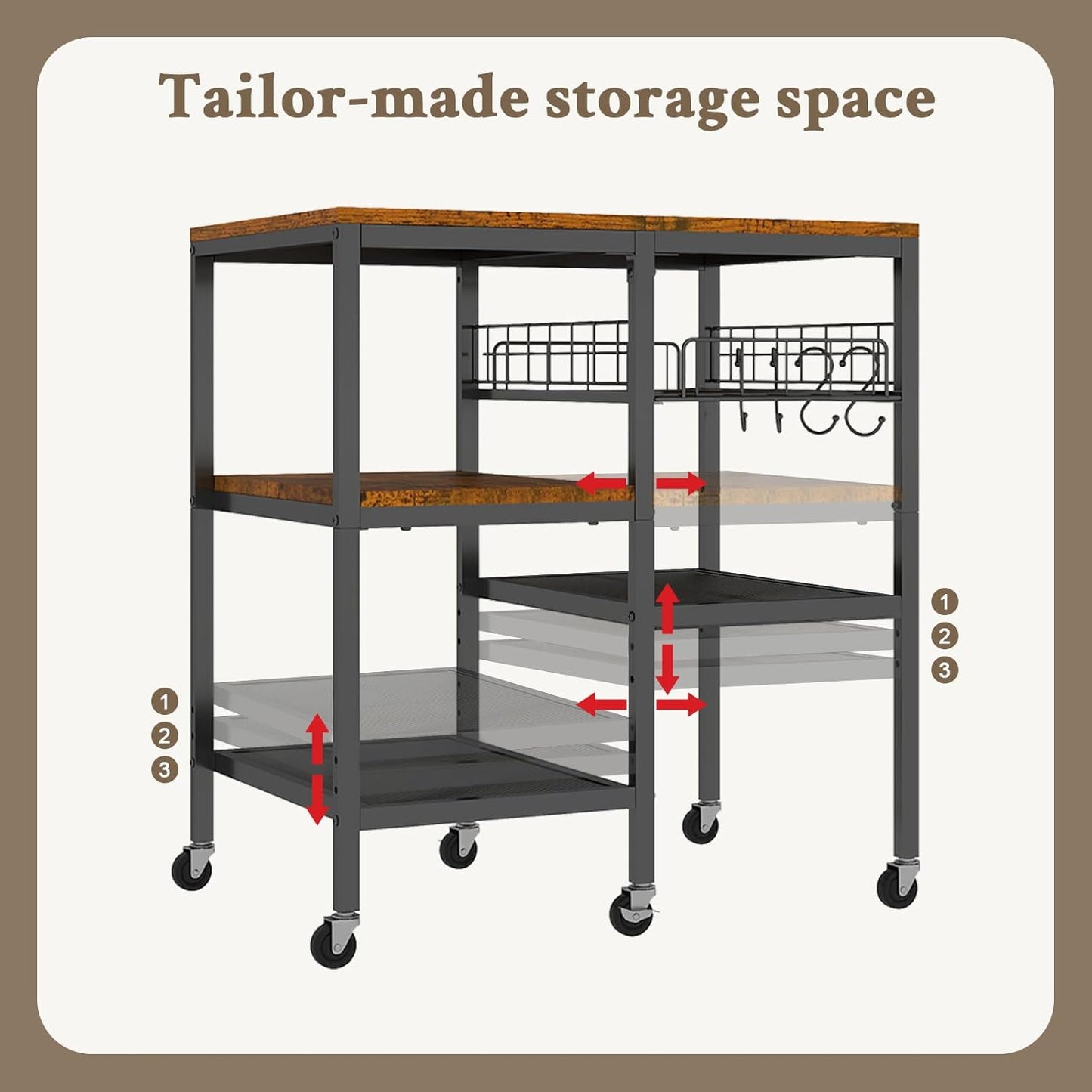 Hadulcet 4-Tier Adjustable Microwave Stand with Storage on Wheels - Rolling Kitchen Cart & Mobile Coffee Bar, Standing Baker's Rack for Kitchen Island, Office, Living Room
