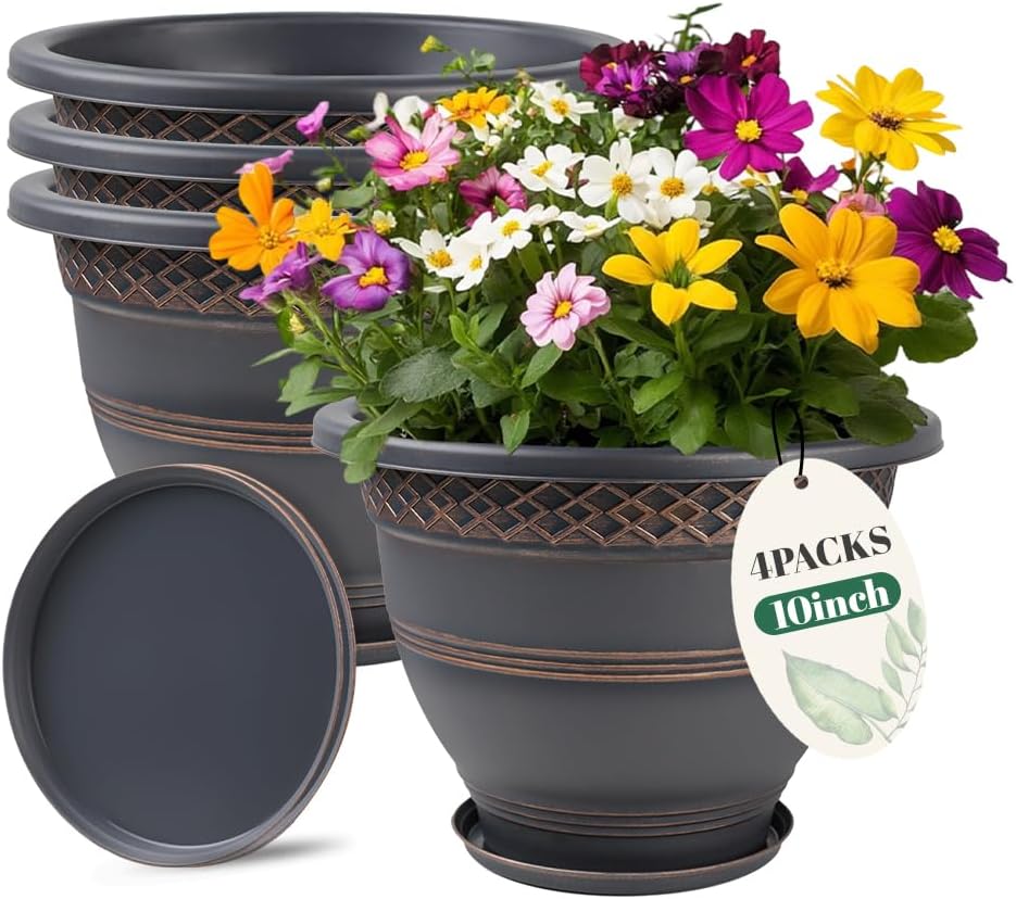 10 Inch 4 Pack Plant Pots, Plastic Flower Pot for Indoor & Outdoor wit