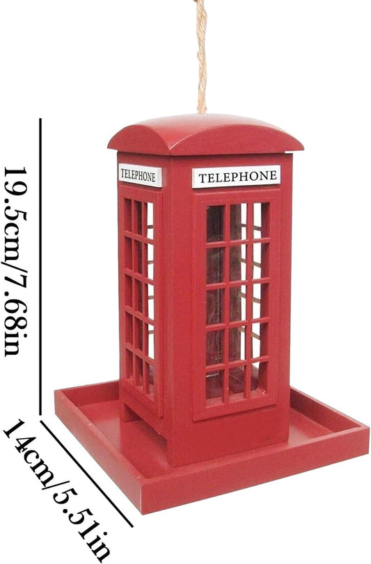 Outdoor Bird Feeder, Wooden Red Telephone Box Spill-Resistant Feeding House for Wild Birds, Garden, Backyard, Balcony, Porch, Yard Décor