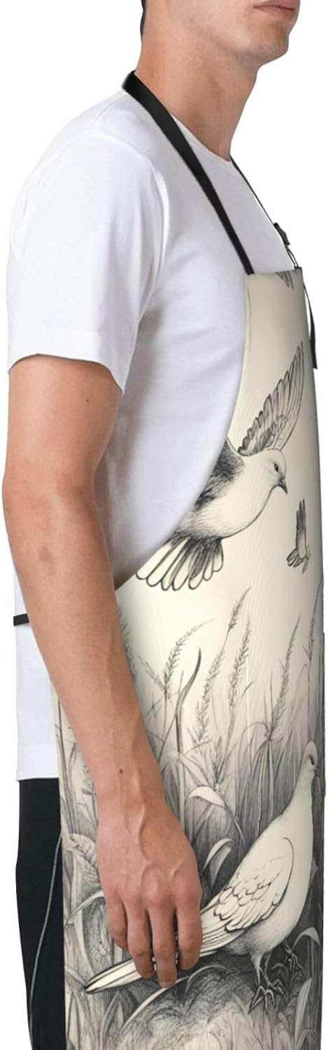 Grass and dove print Waterproof chef's apron with pocket apron for kitchen cooking baking barbecue and gardening