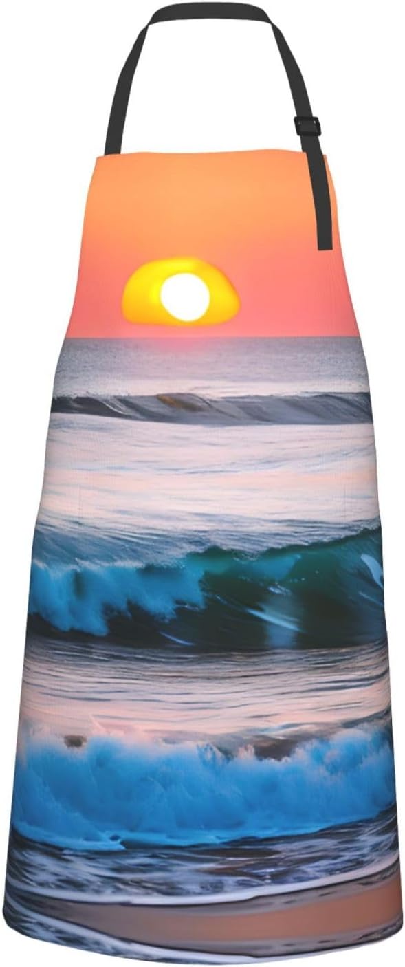 Sunset and Sunrise with Ocean Sea Waves Print Laundry apron 28x33 In Waterproof Kitchen Apron with Pockets for Cooking Baking