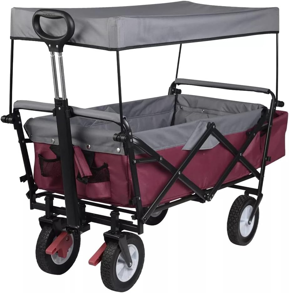 JSEIAJB Folding Garden Trolley Cart with Roof Wheels Brake Transport Metal Steel Trolley for Sun Protection Garden Camping