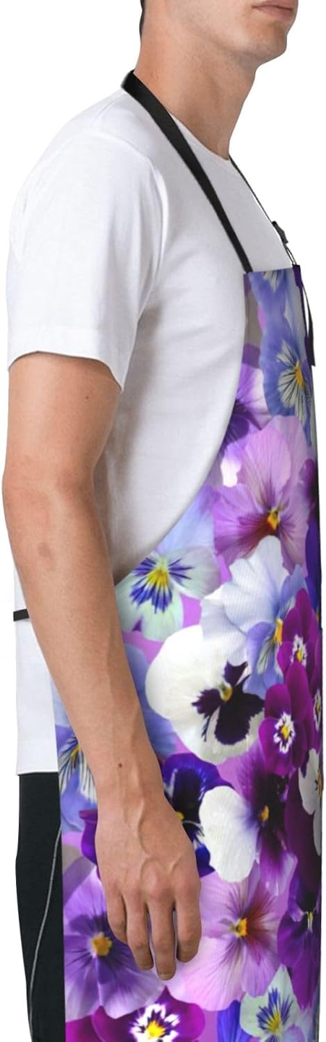Purple Flower Print Laundry apron 28x33 In Waterproof Kitchen Apron with Pockets for Cooking Baking