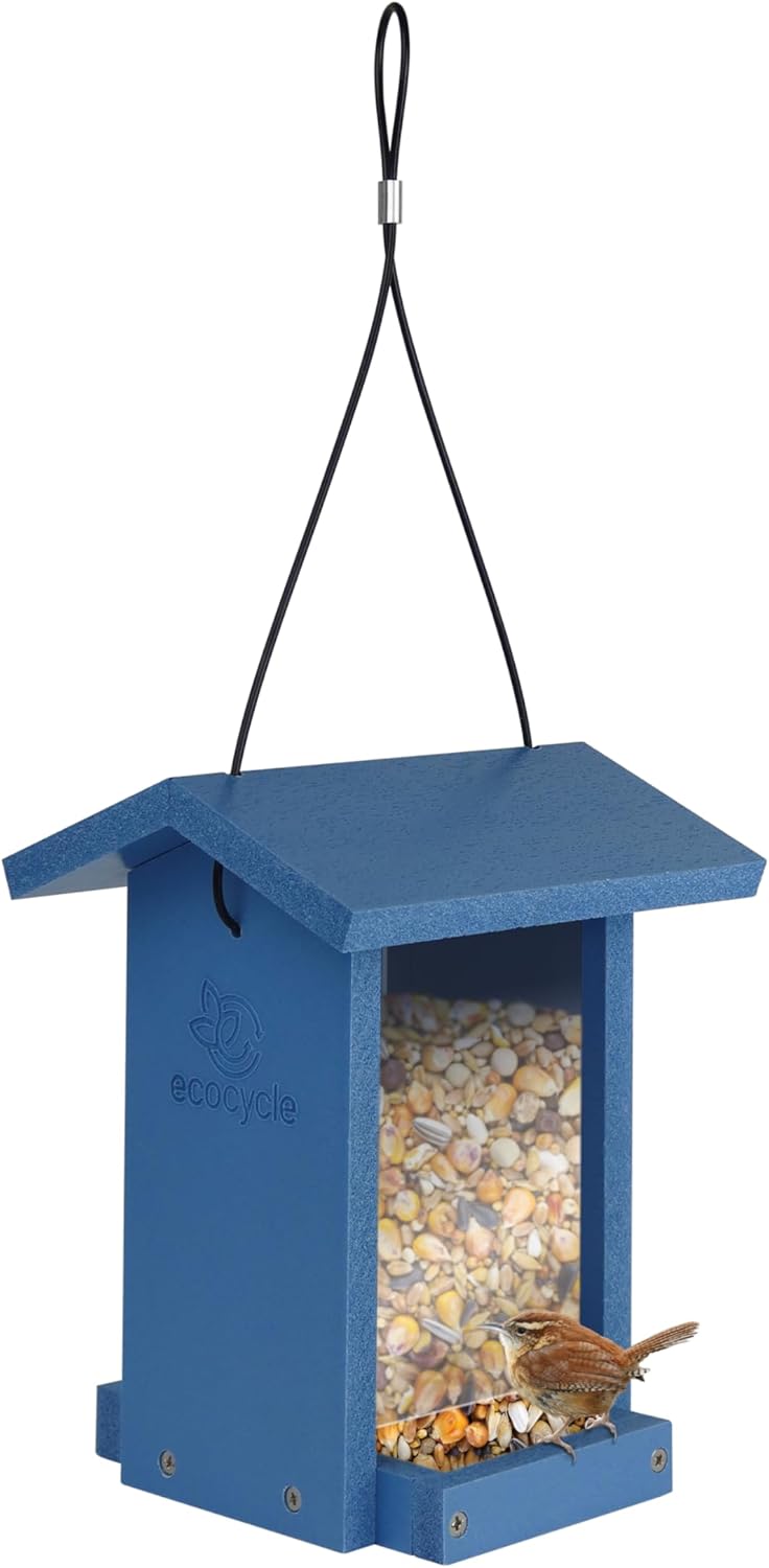 Tasty Tidbit Recycled Plastic Bird Feeder with Fresh Seed Tray for Wild Birds and Outdoor Décor, 0.875 Quart Capacity, Blue
