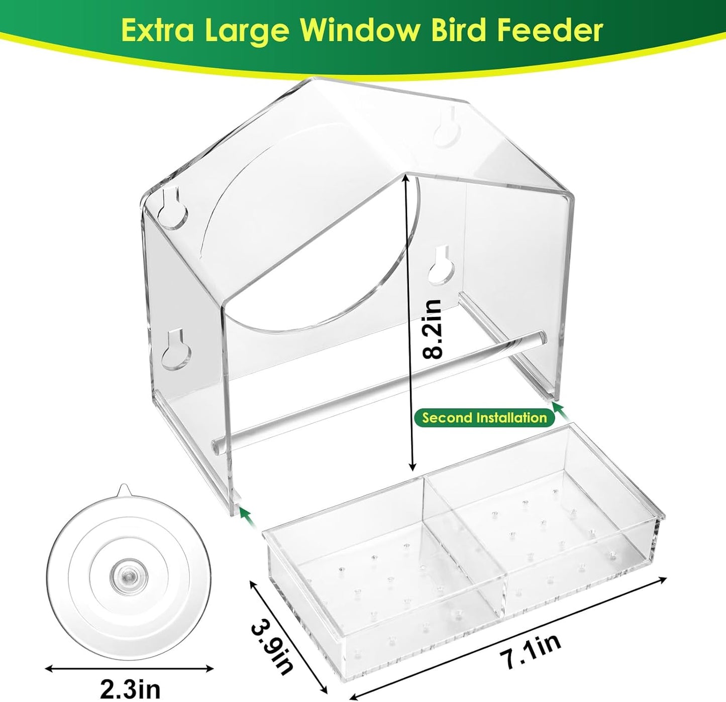 Clear Window Bird Feeder with Slide-Out Removable Tray - 4 Strong 2.36 Inch Suction Cups Acrylic House - See-Through Window Feeders for Outside - Bird Watching for Mom, Cats & Elders