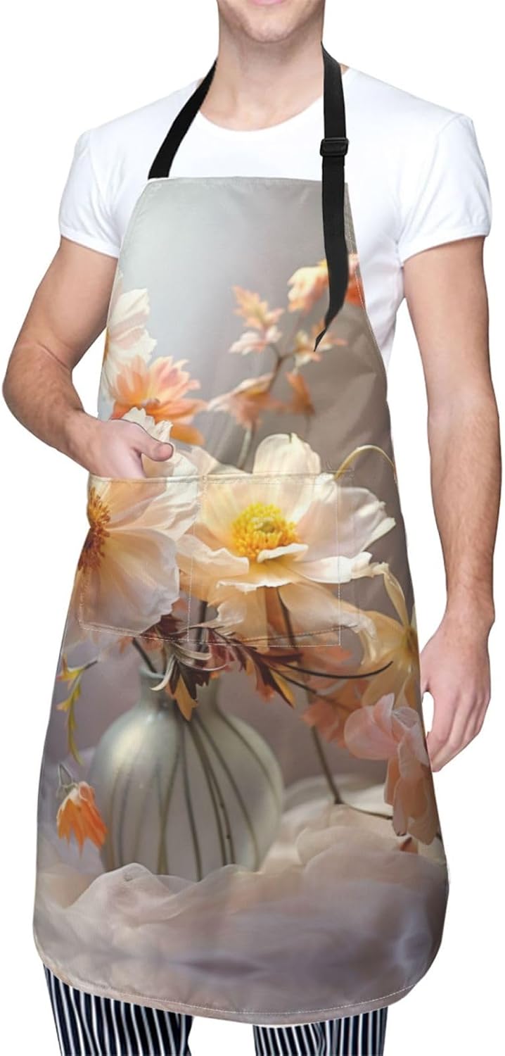 Hand Drawn Flower print Waterproof apron with pocket adjustable cookin