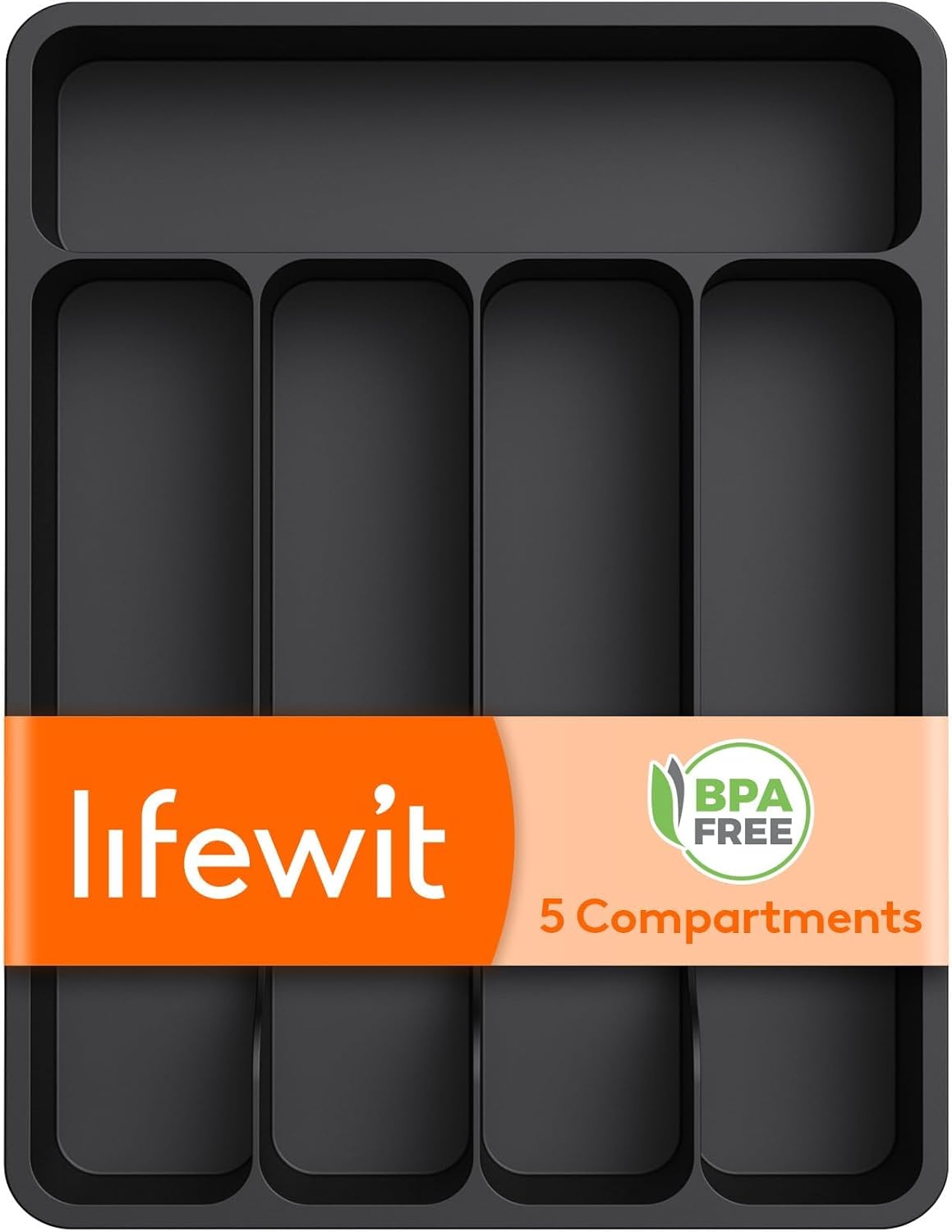 Lifewit Silverware Drawer Organizer Tray, Plastic Cutlery Storage for Kitchen, Flatware and Utensil Holder Divider for Spoons Forks Knives Tableware, 9.1 x 12.6", 5 Slots, Black