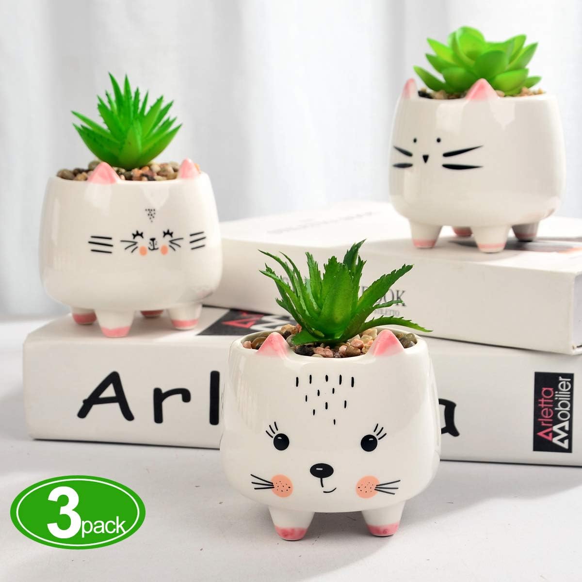 B SEPOR 3 Little Kitty Cats Small Artificial Succulents Potted with White Porcelain Pots Ceramic Animal Planter Gift Set for Home and Office Decor