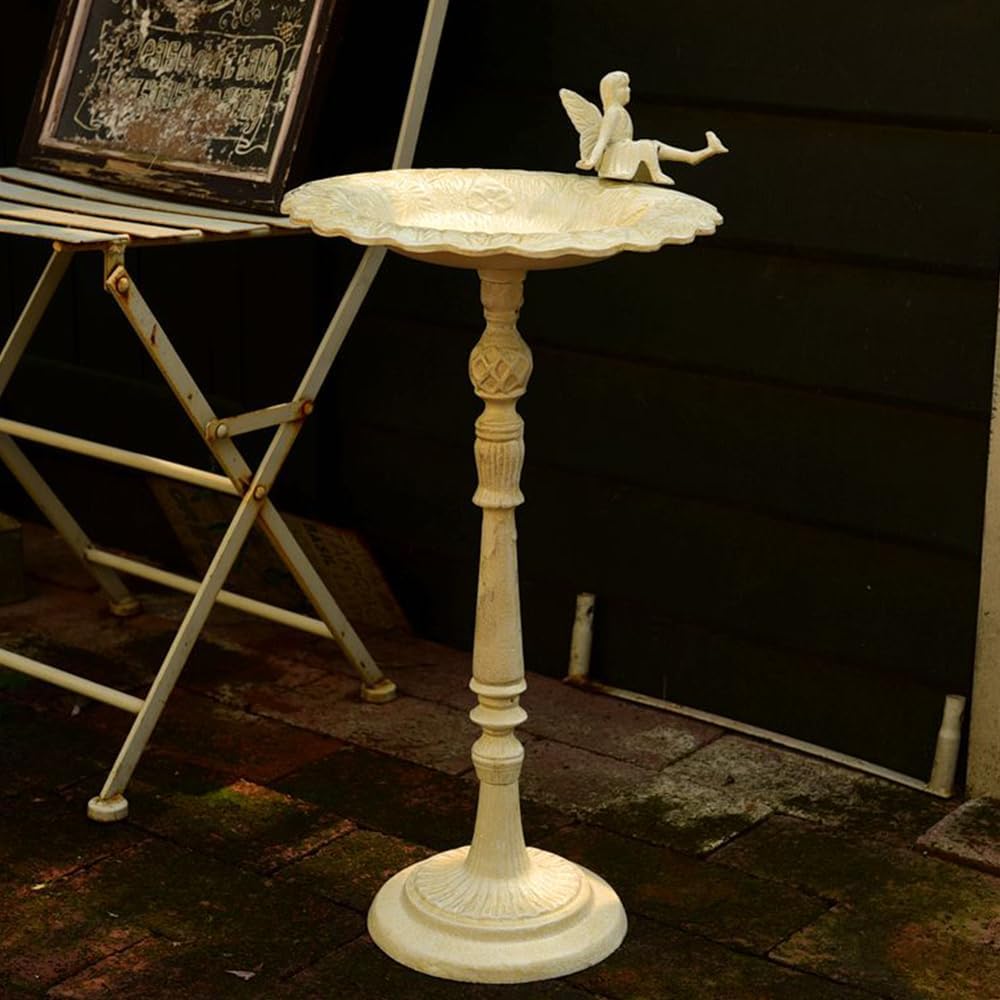 Heavy Duty Cast Iron Angel Bird Feeders,Rustic Garden Bird Baths for Outdoors 20.8" H (B-White)