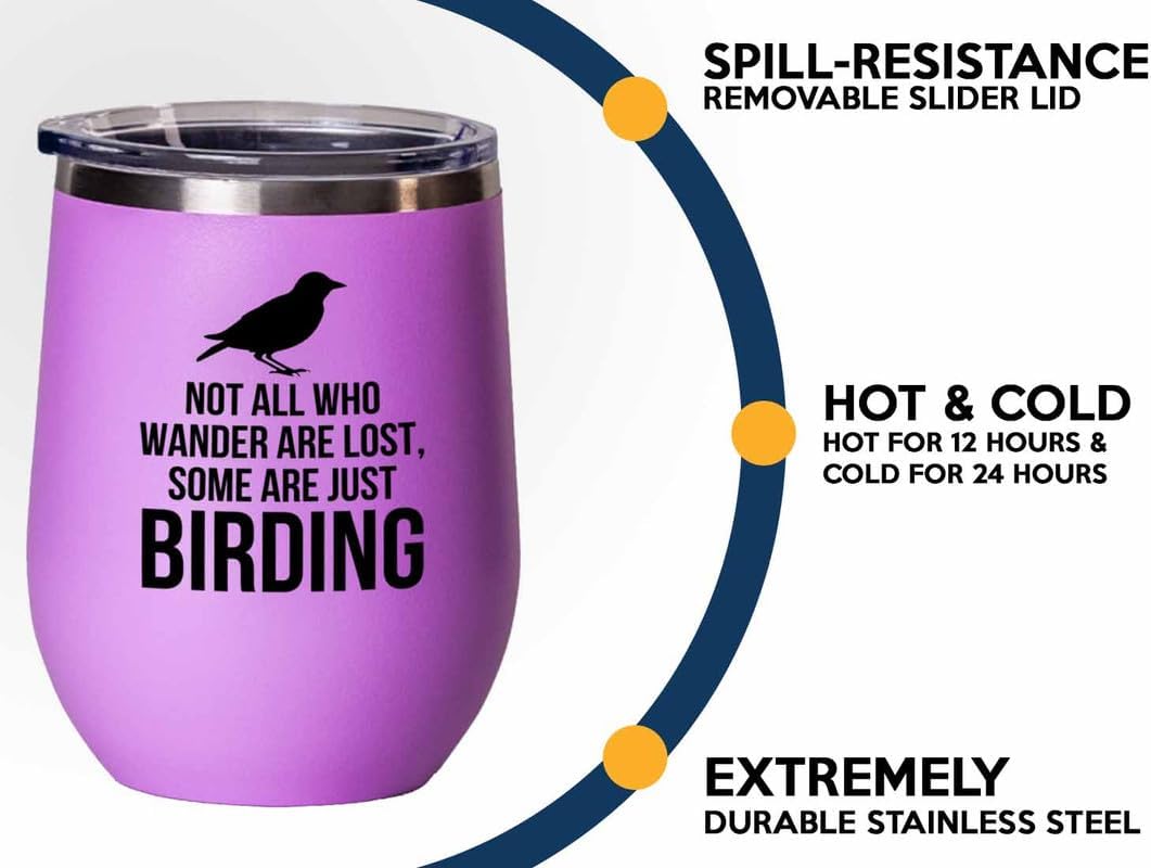 Birding Pink Edition Wine Tumbler 12oz - Not all who wander - Bird Feeder Backyard Birdwatcher Gifts Birding Bird Lover