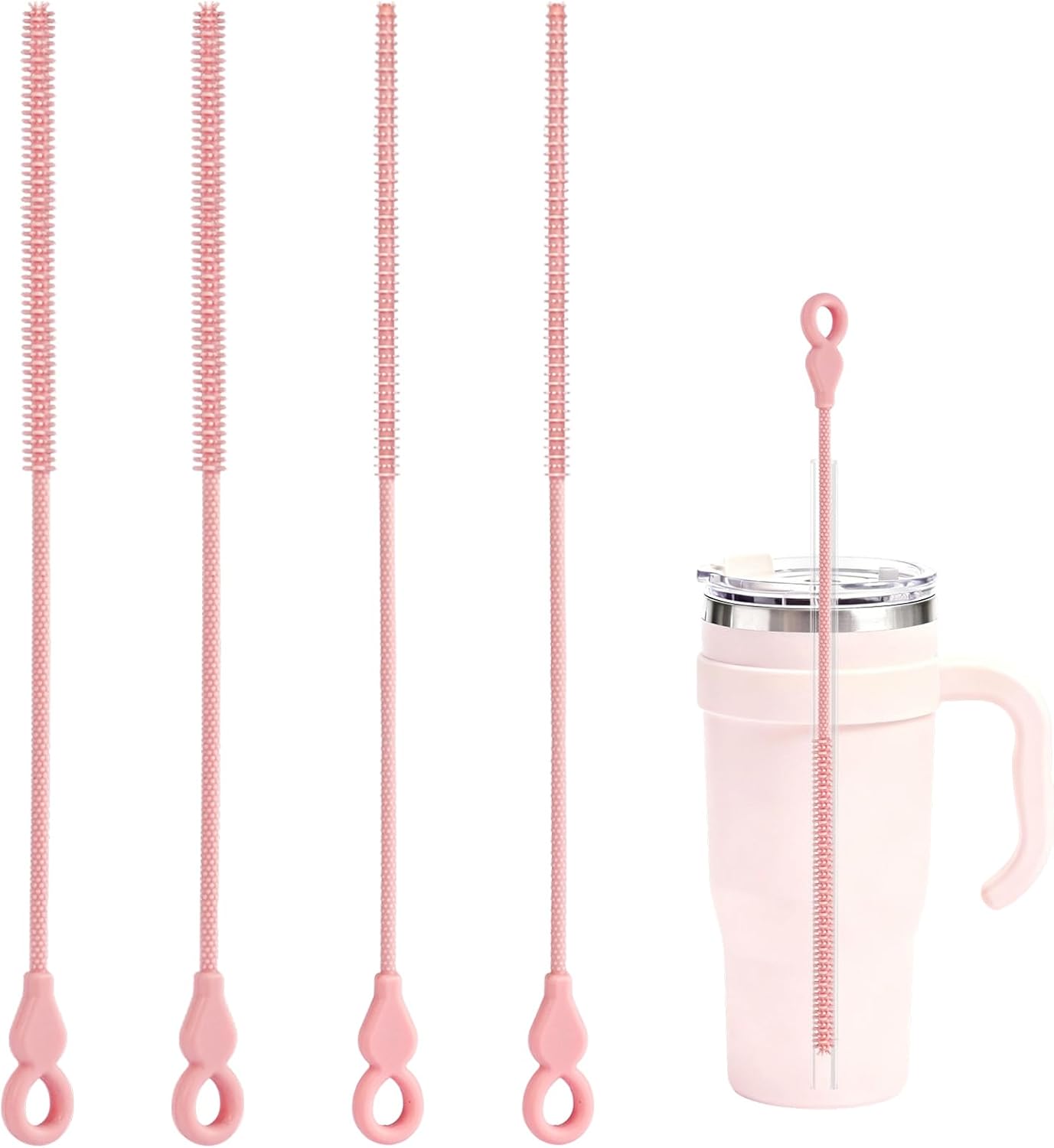 Silicone Straw Cleaner Brush, 4-Piece Reusable Straw Brush Set with Extra-Long Design for Cleaning Thin Metal Straws and Wider Milkshake Straws （6mm+9mm Pink)
