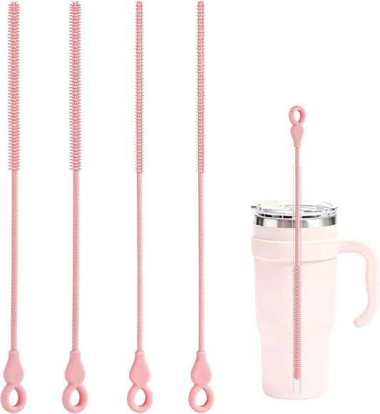 Silicone Straw Cleaner Brush, 4-Piece Reusable Straw Brush Set with Extra-Long Design for Cleaning Thin Metal Straws and Wider Milkshake Straws （6mm+9mm Pink)