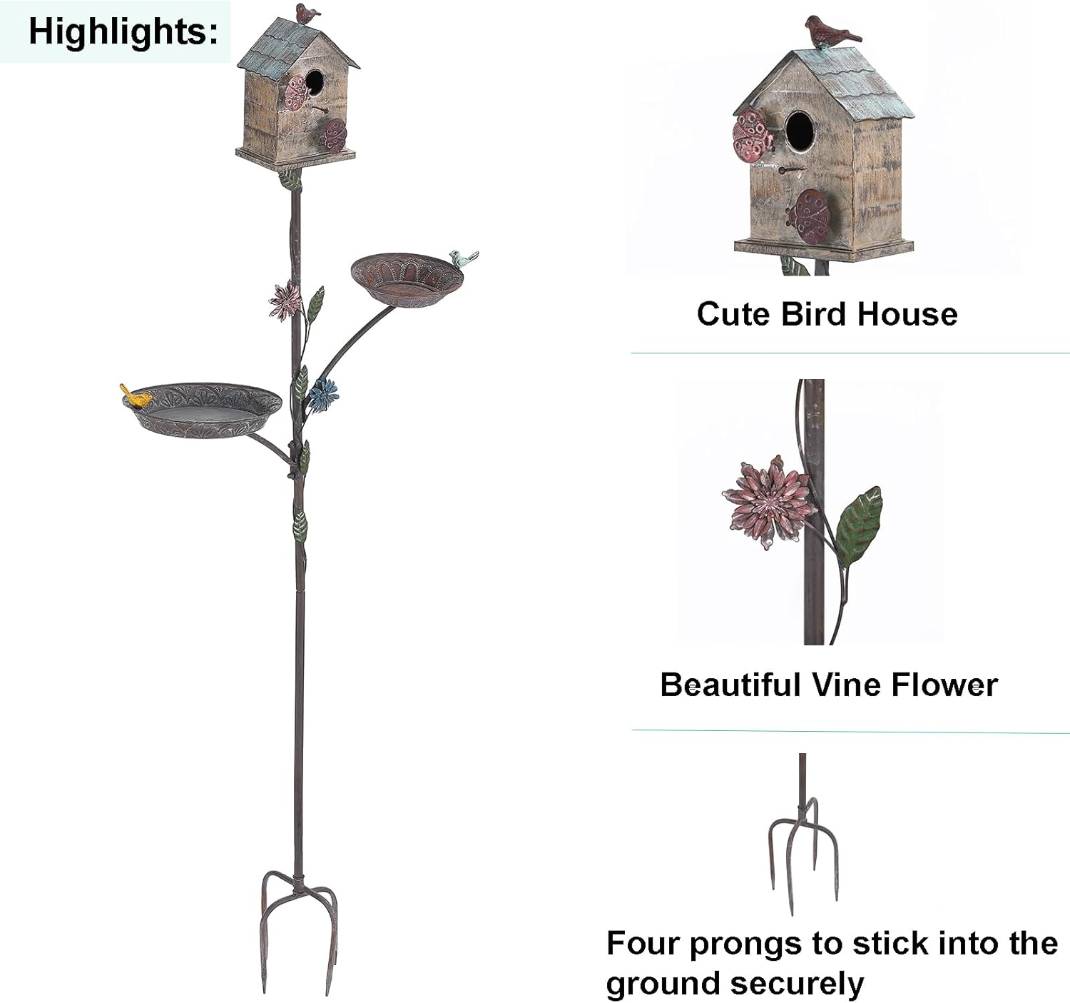 69" H 3-in-1 Metal Bird House with Stake - Free Standing Bird Bath & F