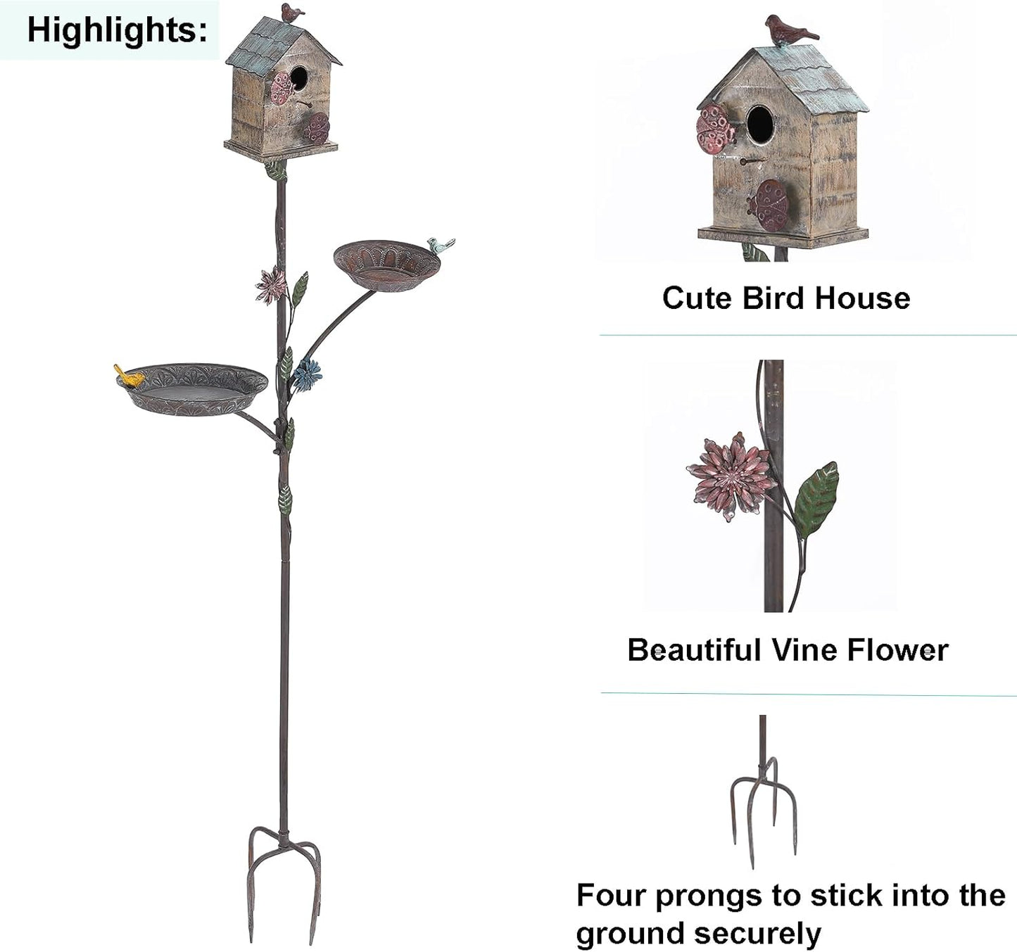 69" H 3-in-1 Metal Bird House with Stake - Free Standing Bird Bath & Feeder Bowl for Outdoors, Birdhouse on Pole for Garden Yard Decor